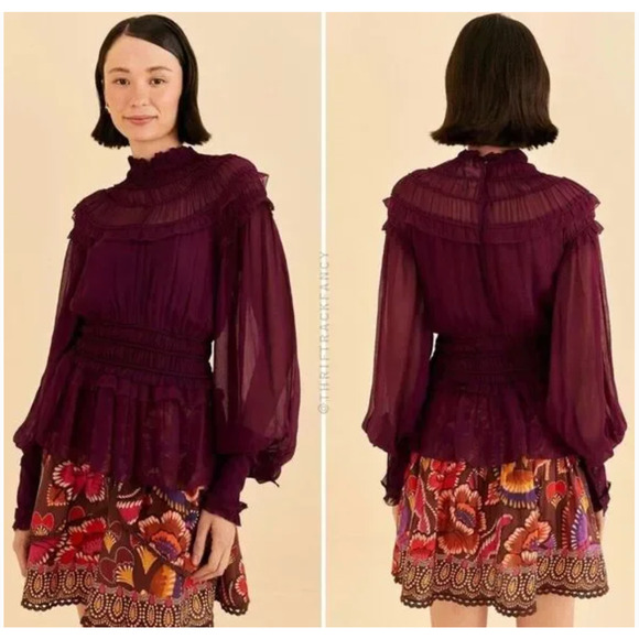Farm Rio Ruffle High Neck Chiffon Burgundy Blouse XS - Picture 2 of 15